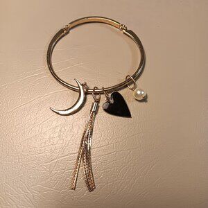 4 dangle charms bangle bracelet - heart, moon, faux pearl, tassel